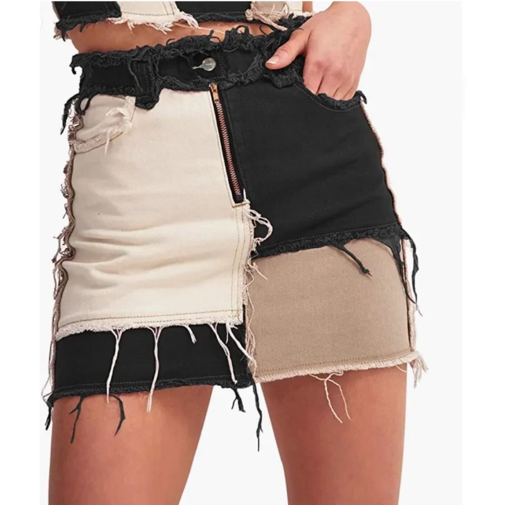 Sexy Black Colorblock Patchwork Denim Distressed Ripped‎ Mini Bodycon Jean Skirt